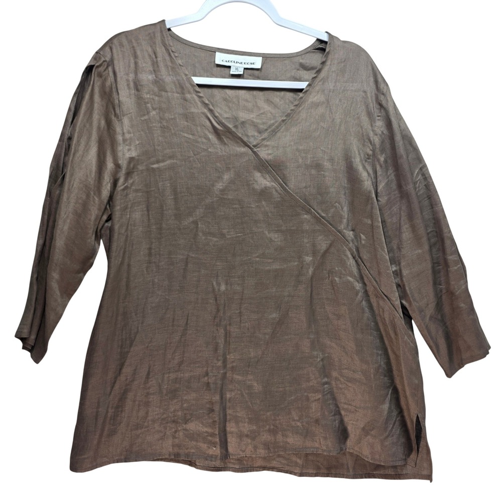 Caroline Rose Brown All Linen Tunic Top Womens XL Split Sleeve Vneck USA Brown